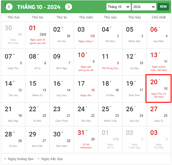 Ngày 20/10 năm nay rơi vào thứ mấy?