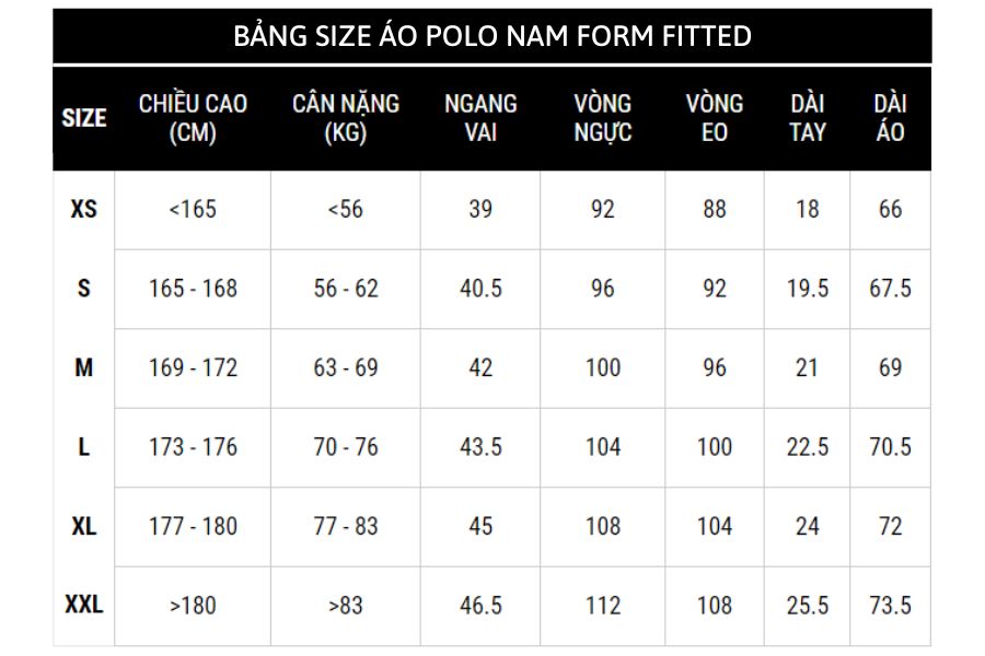 Bảng size áo polo nam form fitted từ ROUTINE