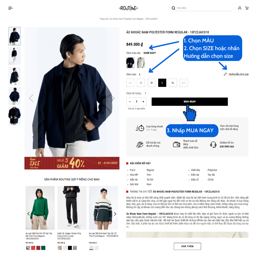 Chọn áo khoác nam và chọn size màu sắc sản phẩm