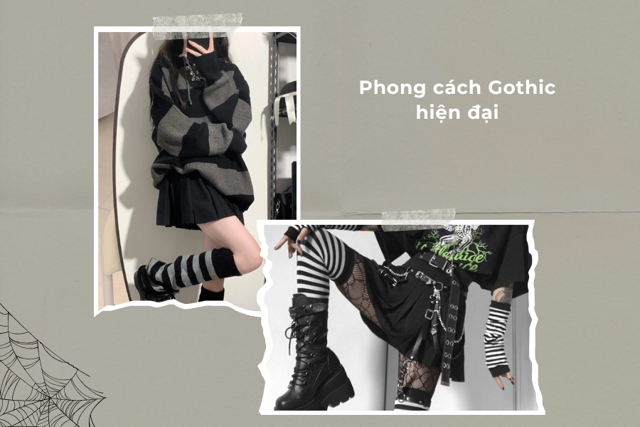 Phong cách Gothic hiện đại thường kết hợp giữa áo thun đen, tất lưới, cùng các phụ kiện hầm hố như thắt lưng, giày boots da.