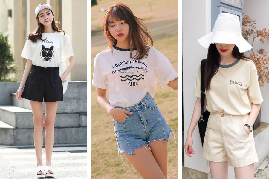 Quần short mix cùng áo thun/áo phông là một cách phồi cơ bản và đơn giản nhất trong những cách phối đồ cùng quần short nữ.